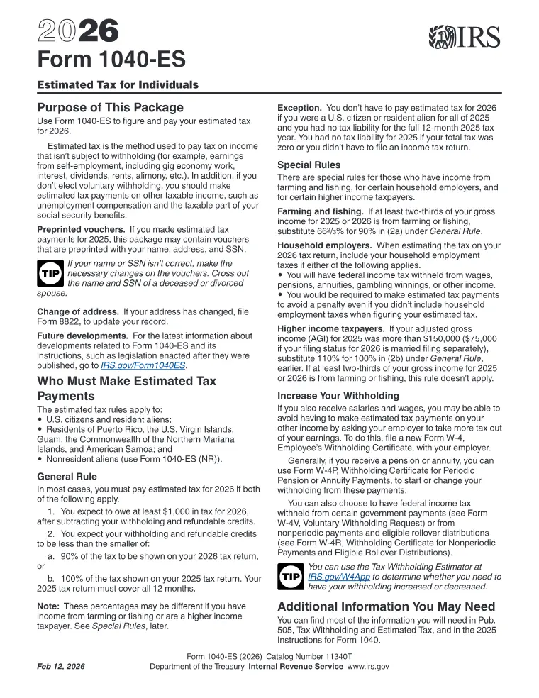 First page of the 1040-ES form