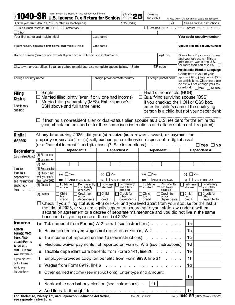 First page of the 1040-SR form