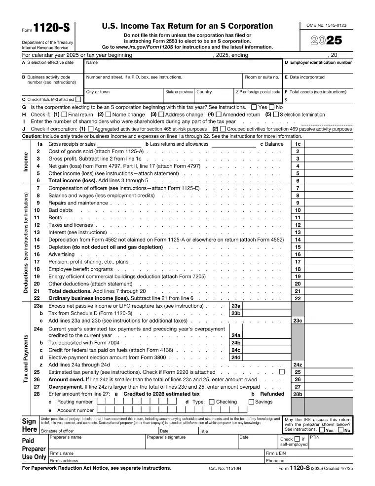 First page of the 1120-S form
