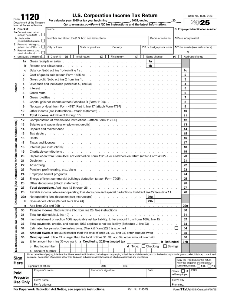 First page of the 1120 form