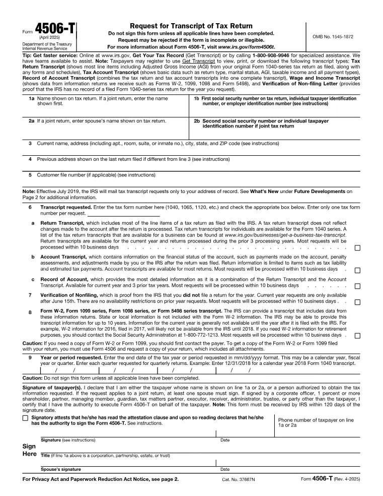 First page of the 4506-T form