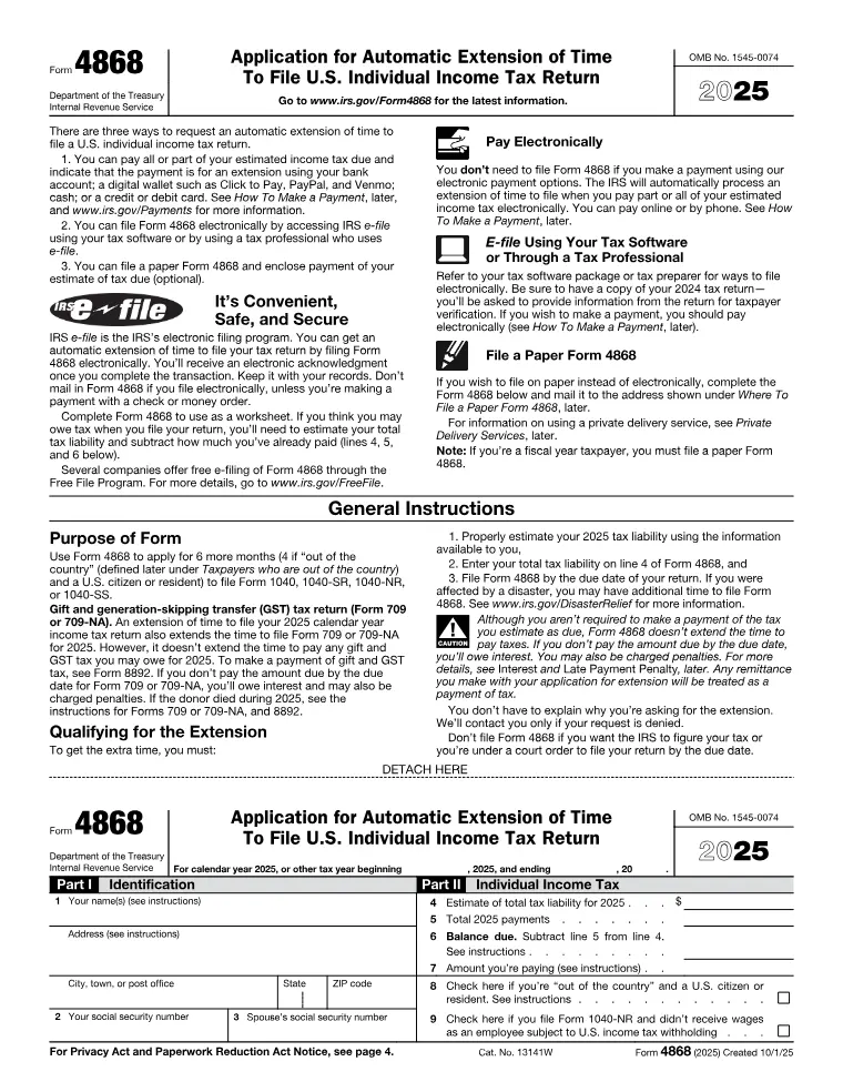 First page of the 4868 form