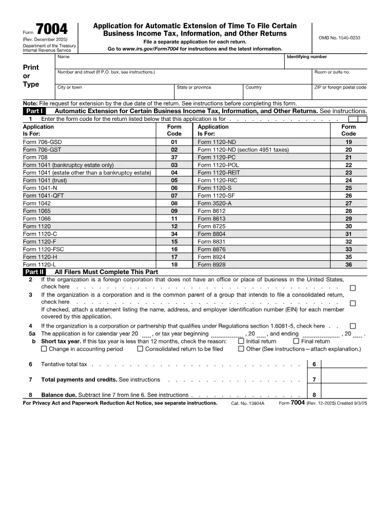 First page of the 7004 form