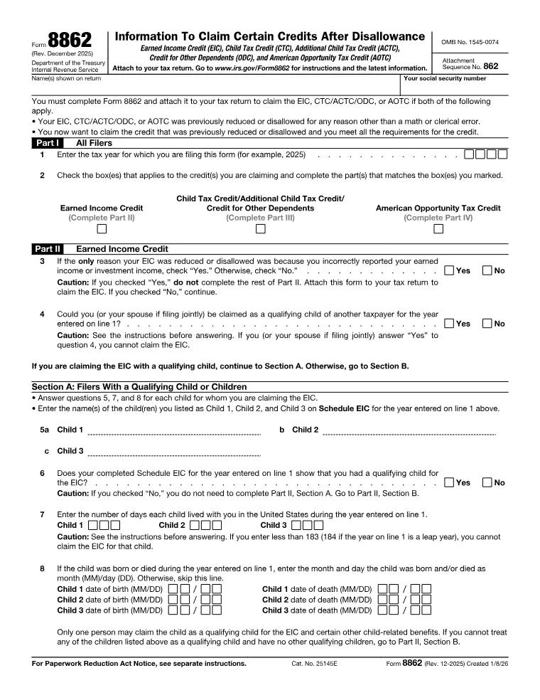 First page of the 8862 form