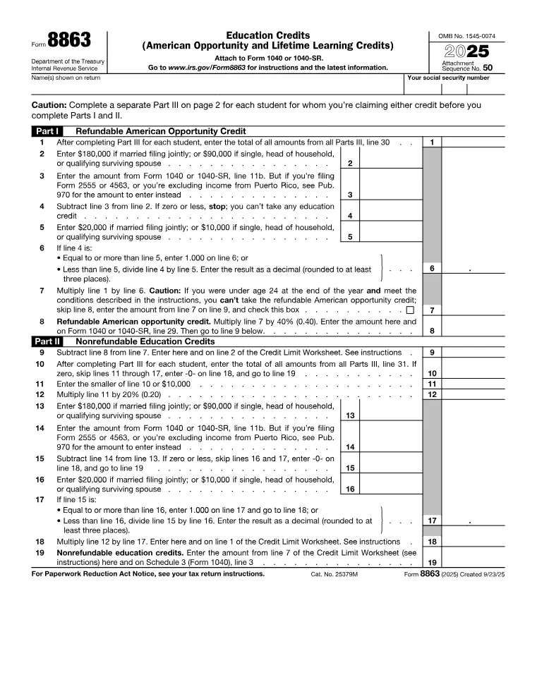 First page of the 8863 form