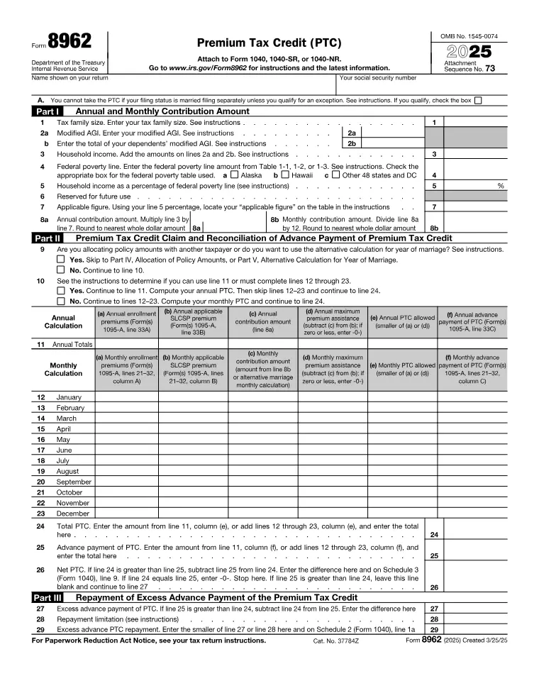 First page of the 8962 form