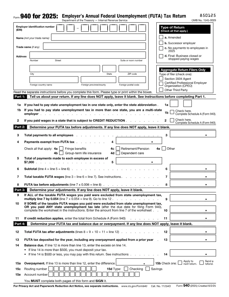 First page of the 940 form