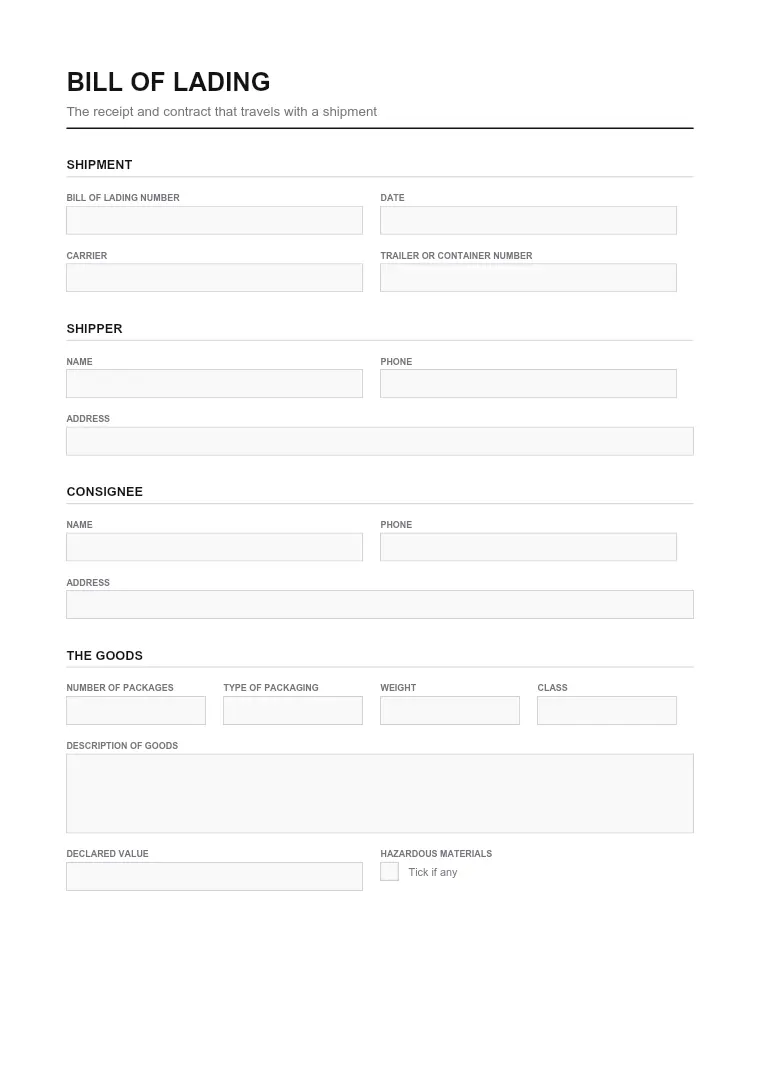 First page of the Lading form