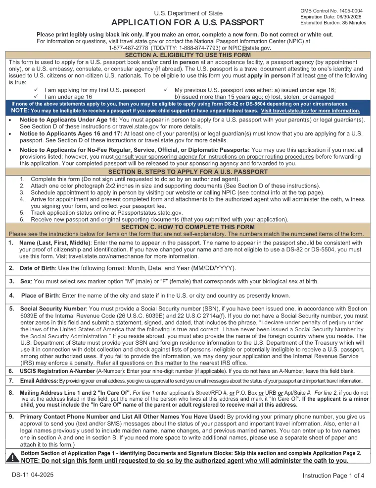 First page of the DS-11 form