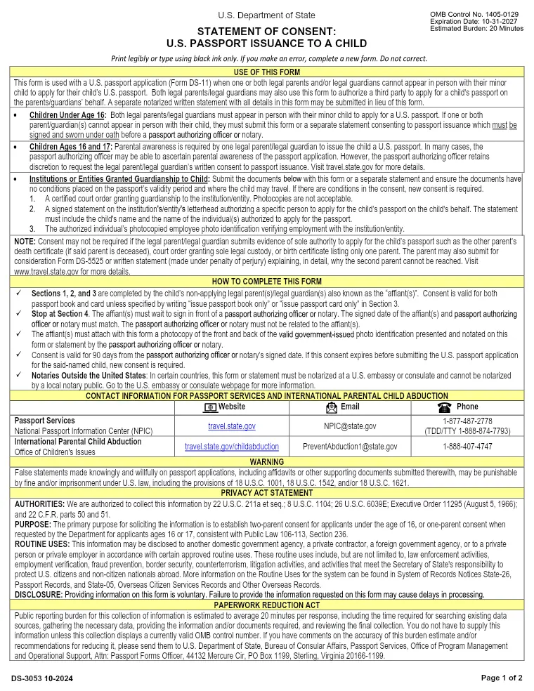 First page of the DS-3053 form