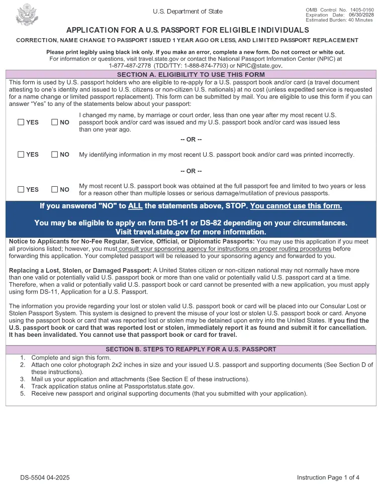 First page of the DS-5504 form