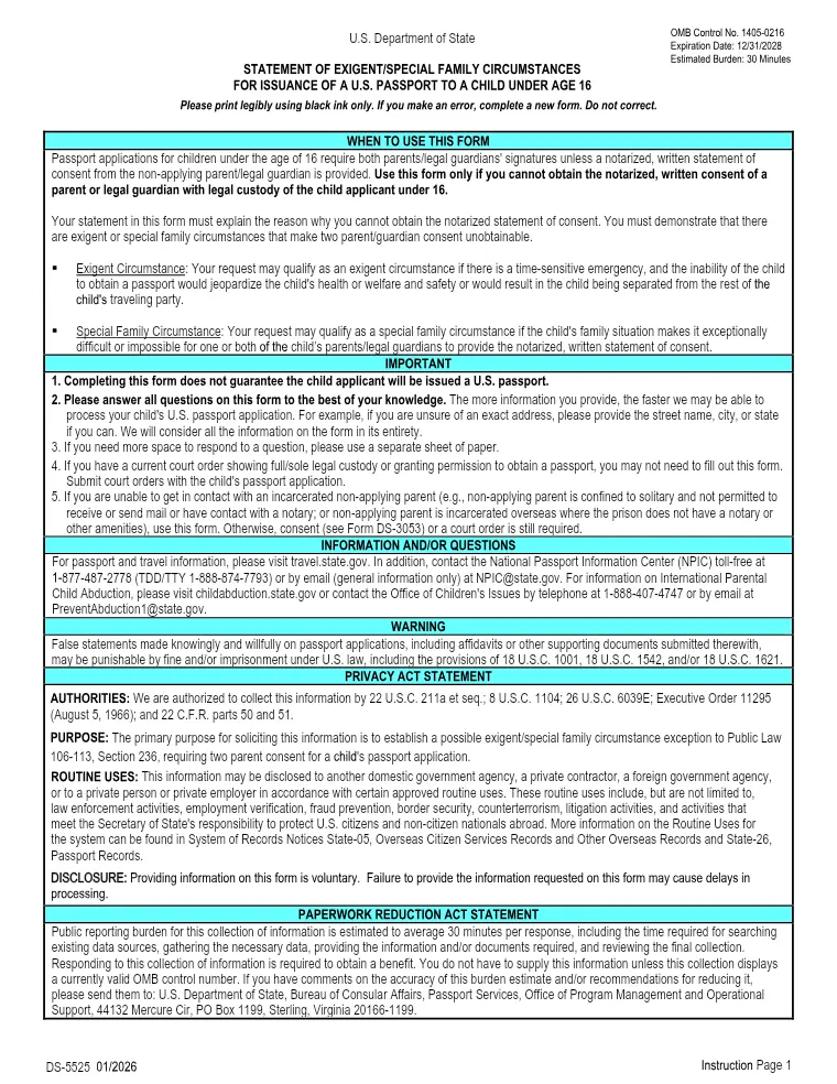 First page of the DS-5525 form
