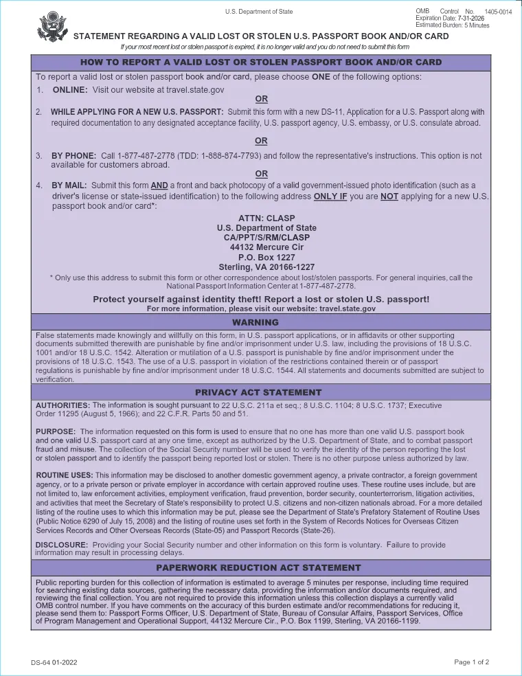 First page of the DS-64 form