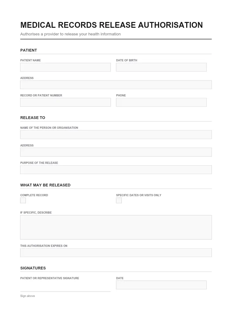First page of the HIPAA form