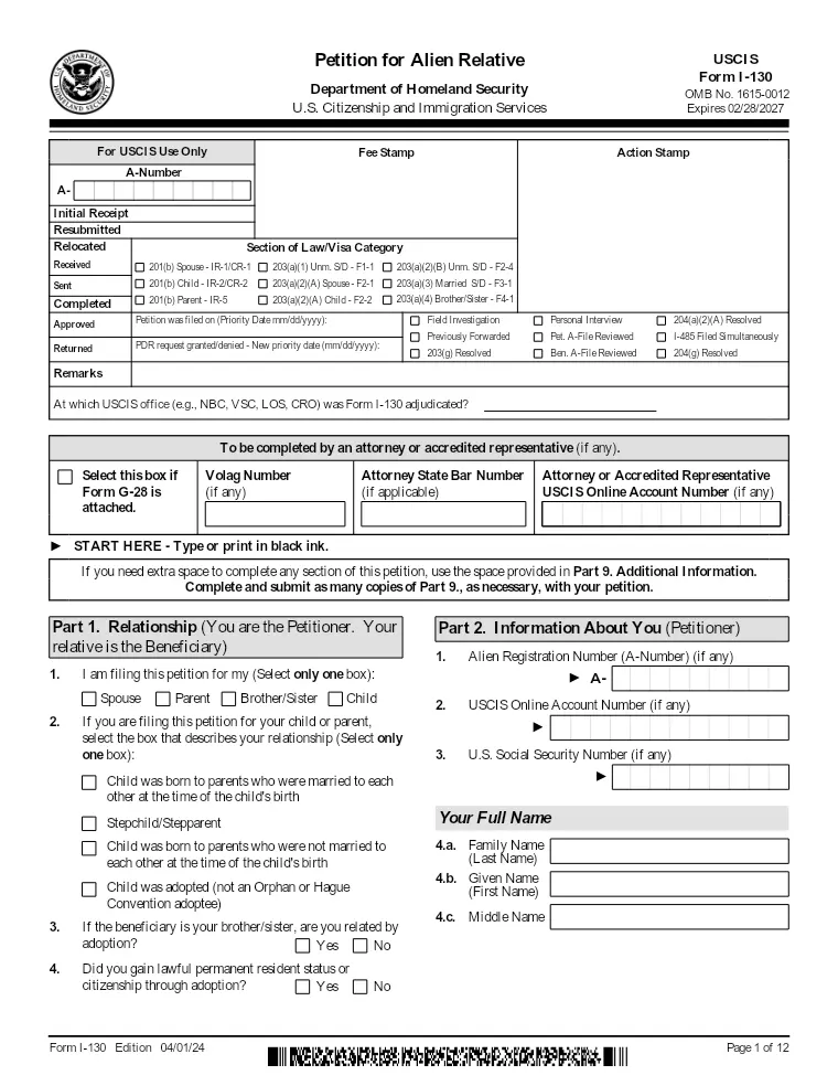 First page of the I-130 form
