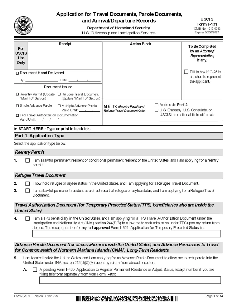 First page of the I-131 form
