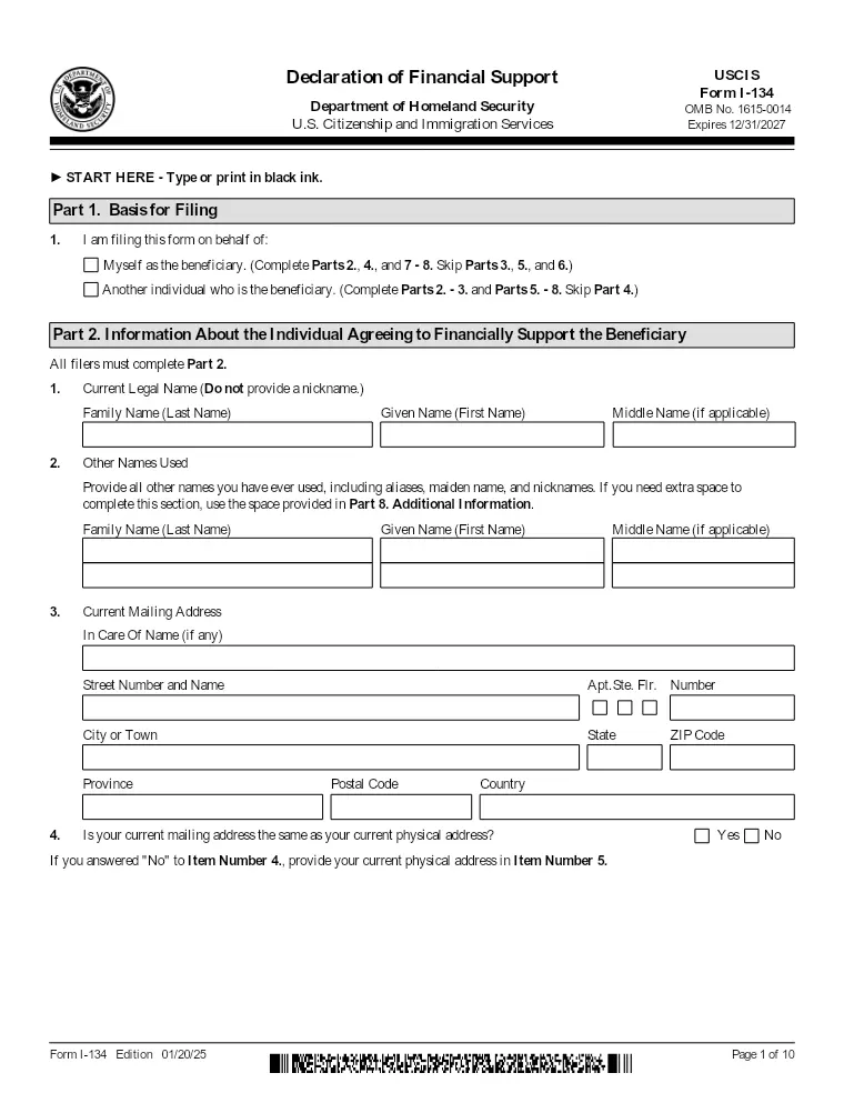 First page of the I-134 form
