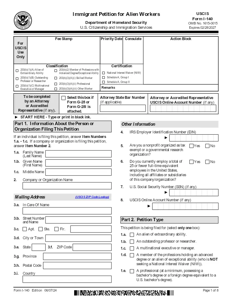 First page of the I-140 form