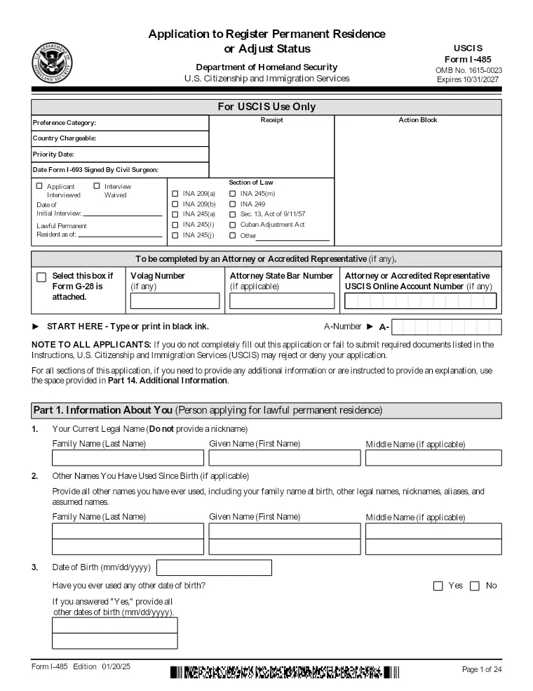 First page of the I-485 form