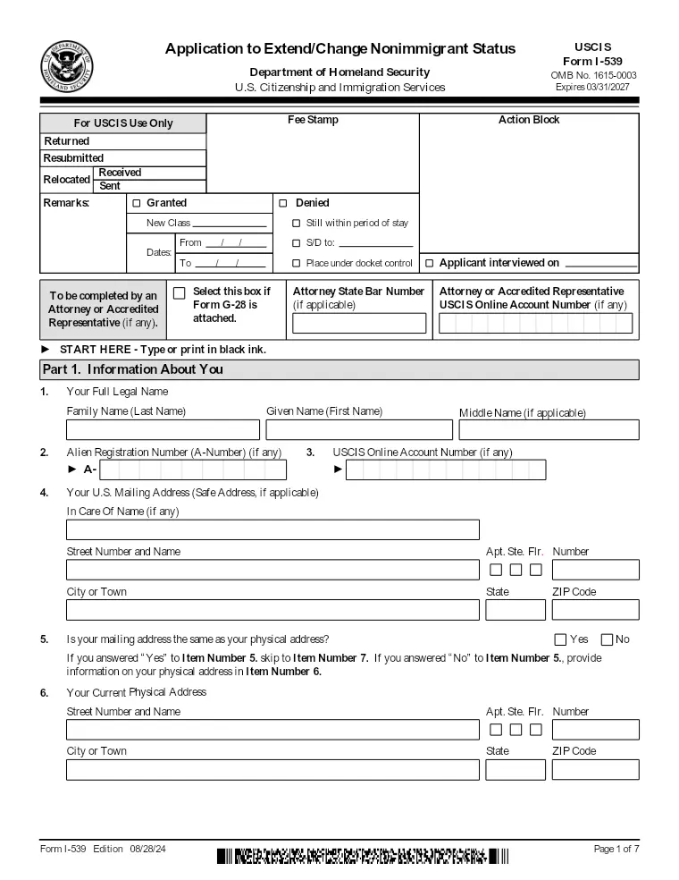 First page of the I-539 form