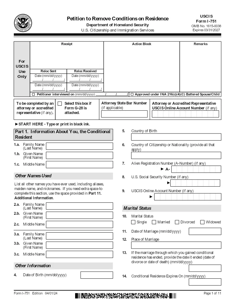 First page of the I-751 form