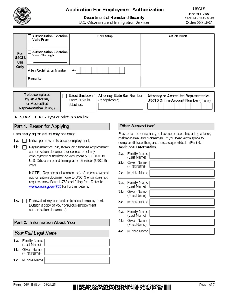 First page of the I-765 form