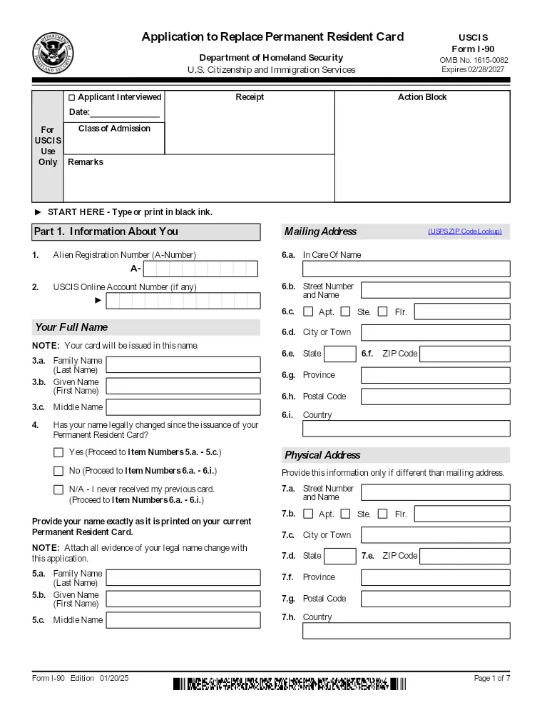 First page of the I-90 form