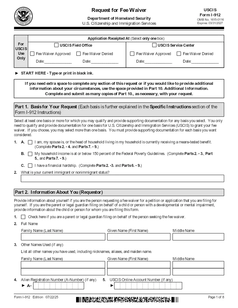 First page of the I-912 form