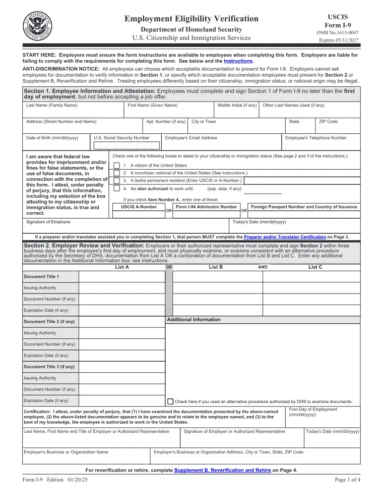 First page of the I-9 form