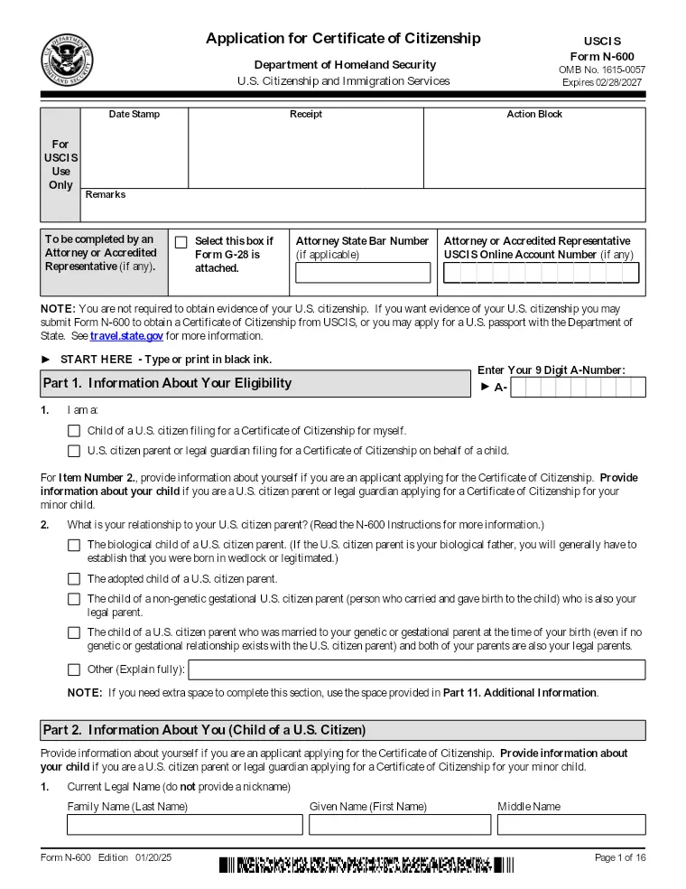First page of the N-600 form