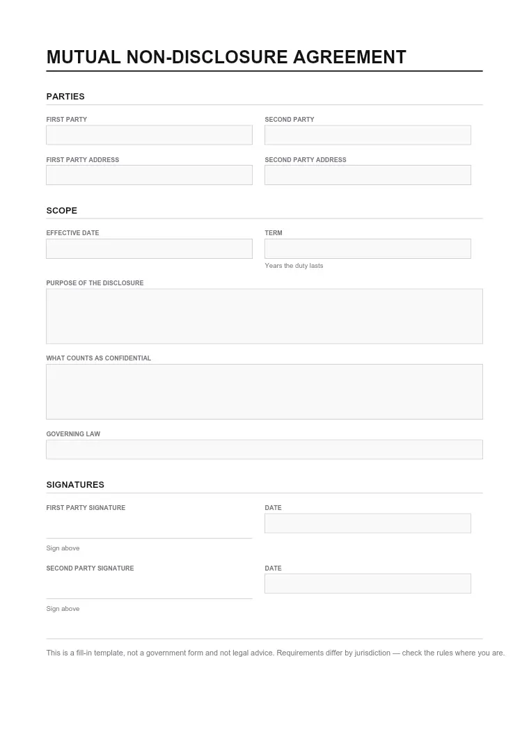First page of the NDA form