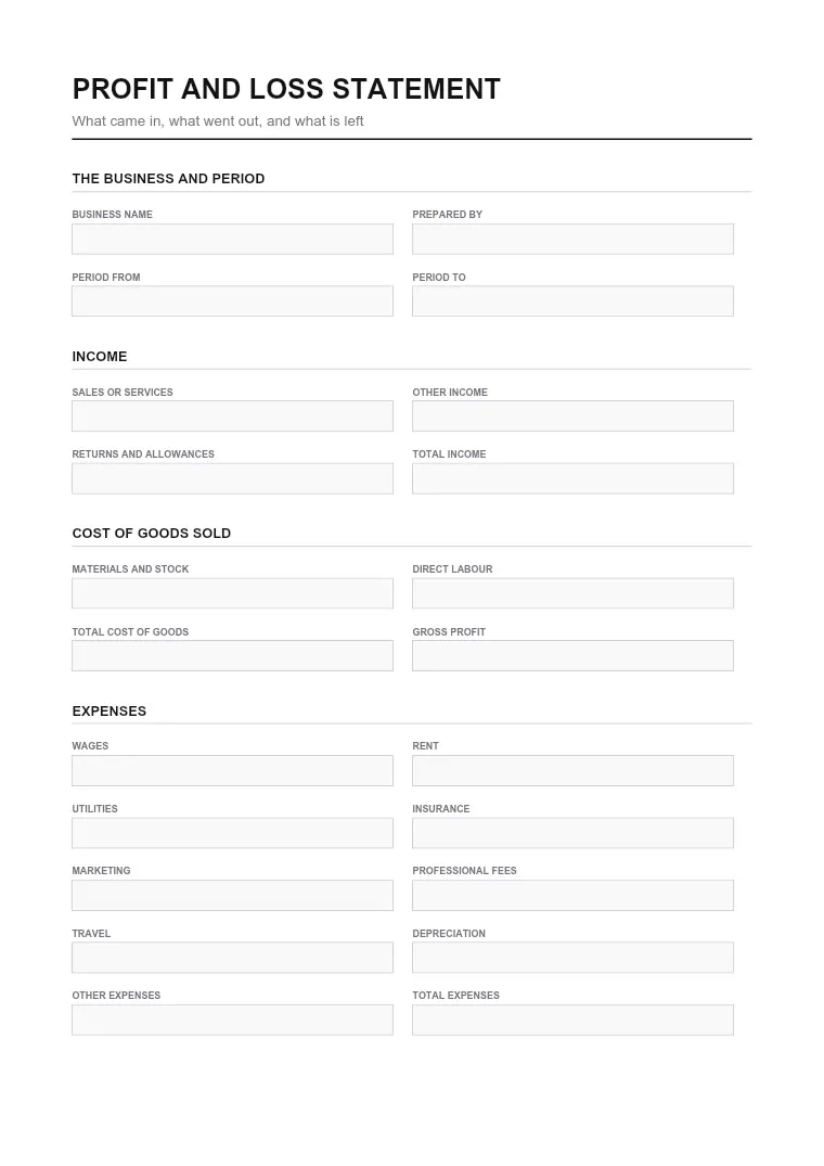 First page of the P&L form