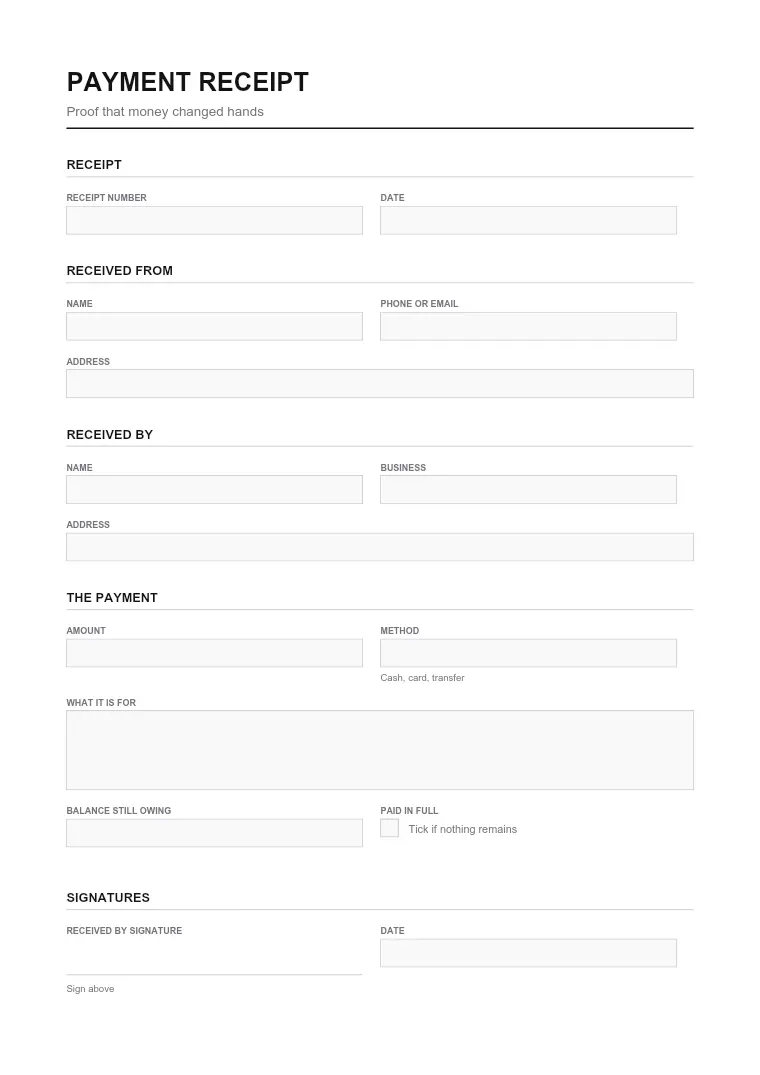 First page of the Receipt form