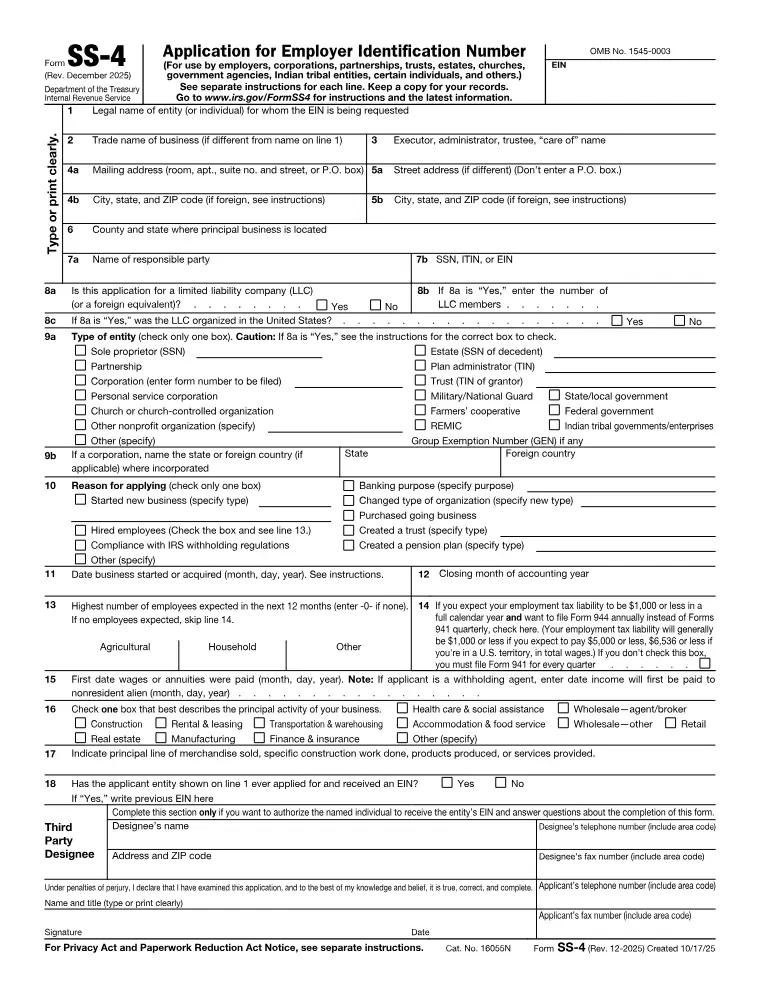 First page of the SS-4 form