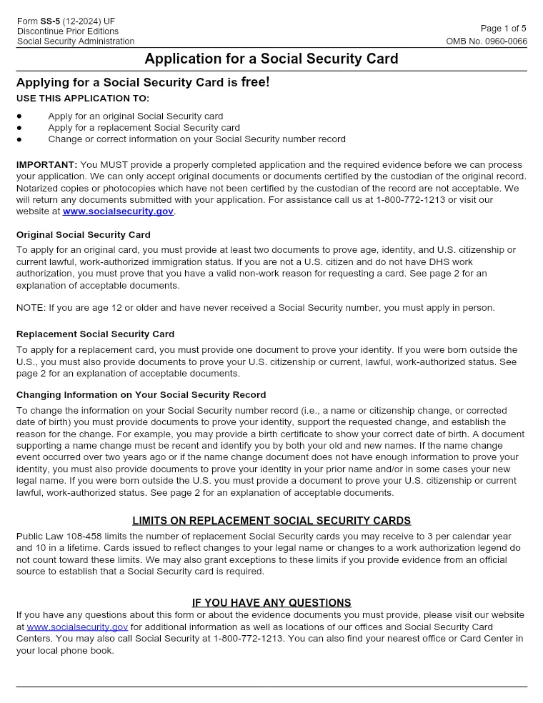 First page of the SS-5 form