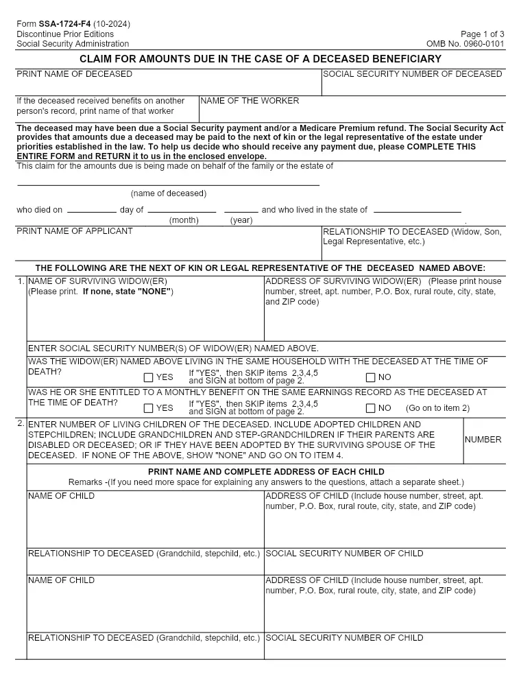 First page of the SSA-1724 form