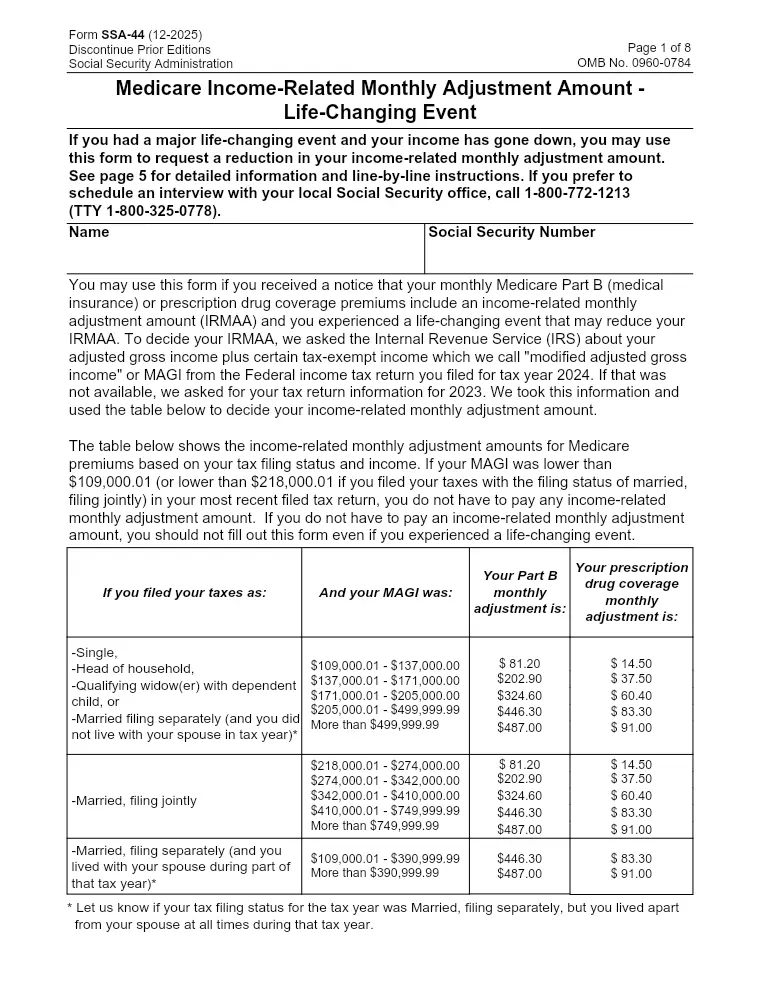 First page of the SSA-44 form