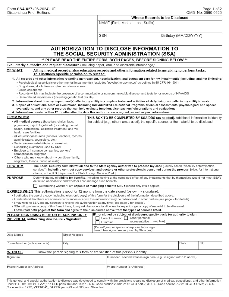 First page of the SSA-827 form