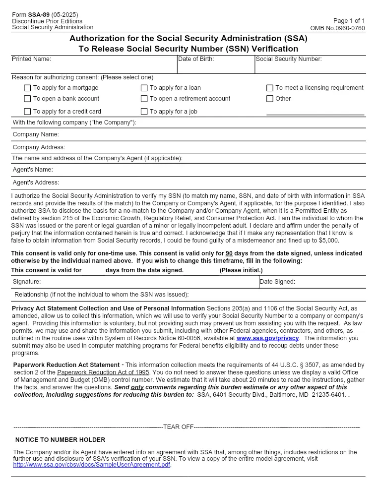 First page of the SSA-89 form