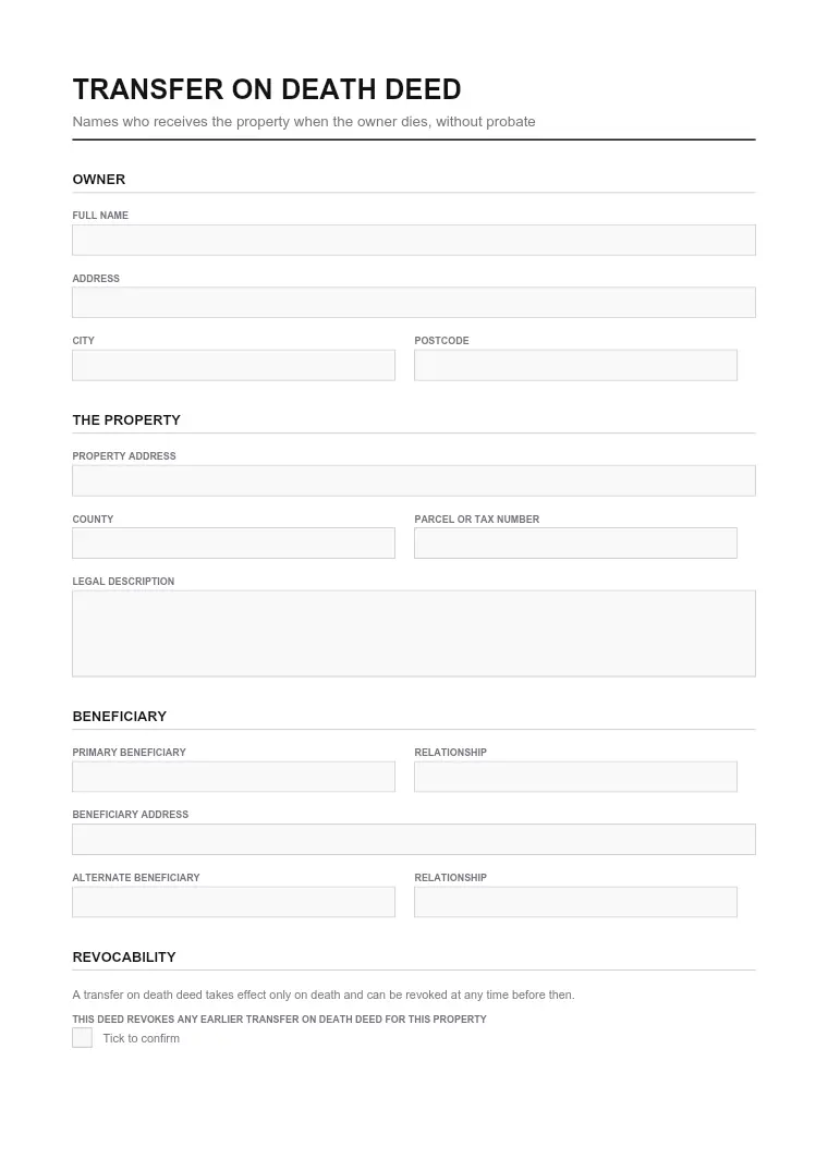 First page of the Deed form
