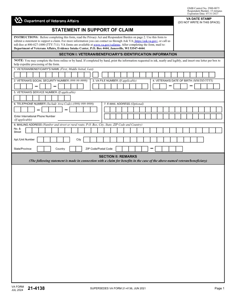 First page of the 21-4138 form