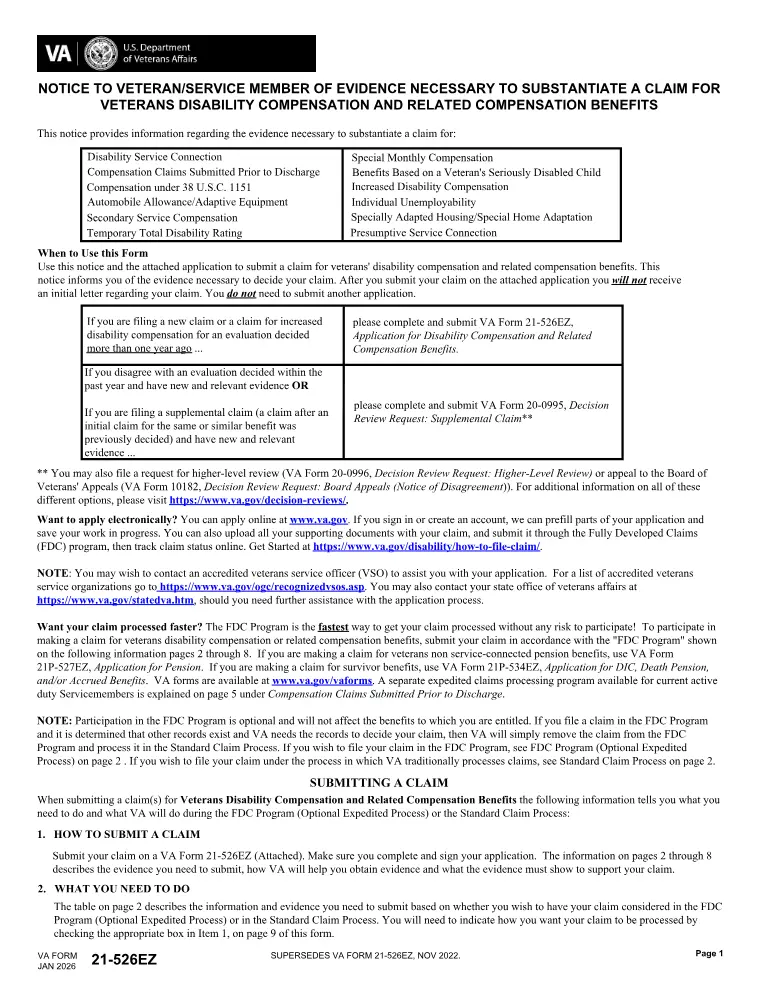 First page of the 21-526EZ form
