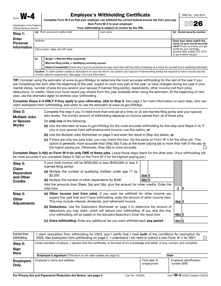 First page of the W-4 form