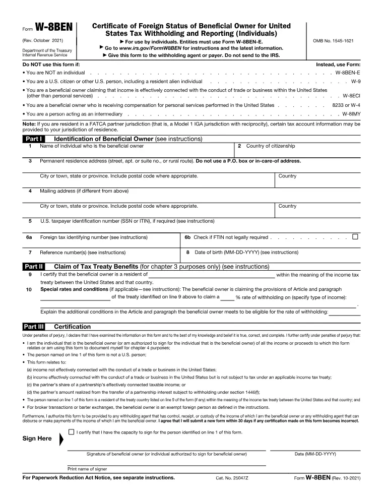 First page of the W-8BEN form