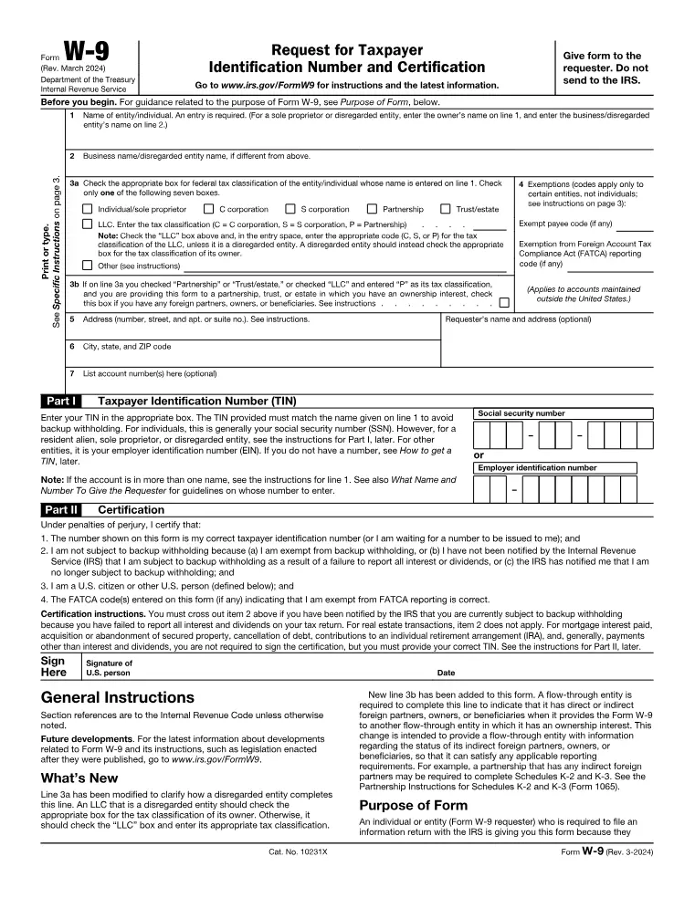 First page of the W-9 form